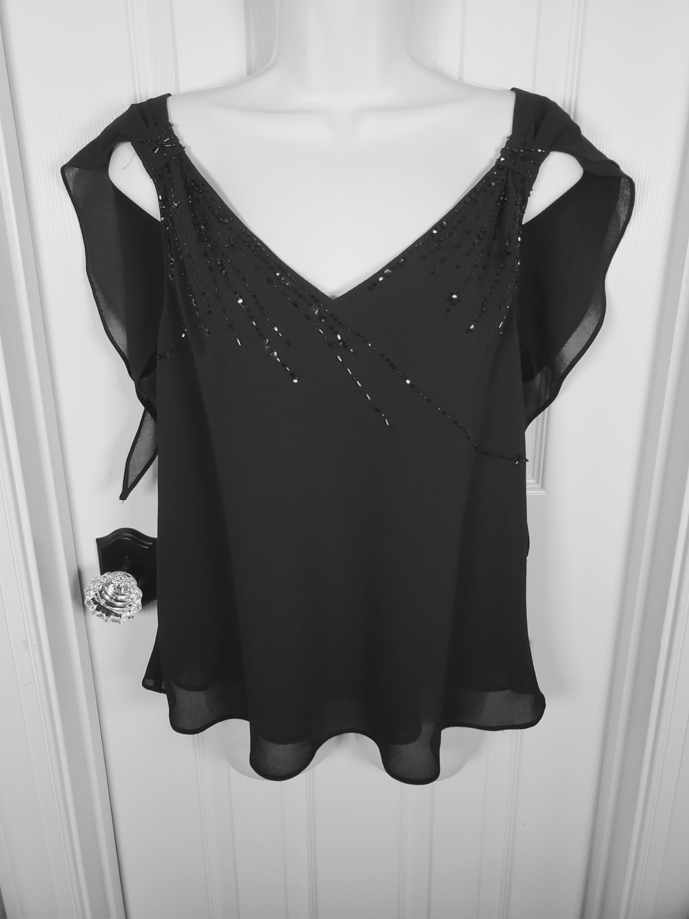 Studio One Black Beaded Blouse With Flowy Layered Sheer Overlay  Sz. 18